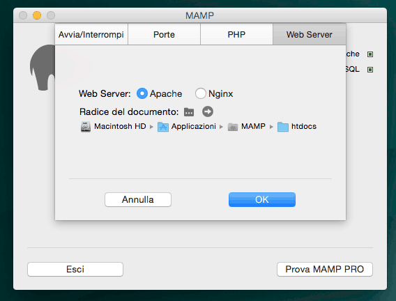 configurazione web server mamp