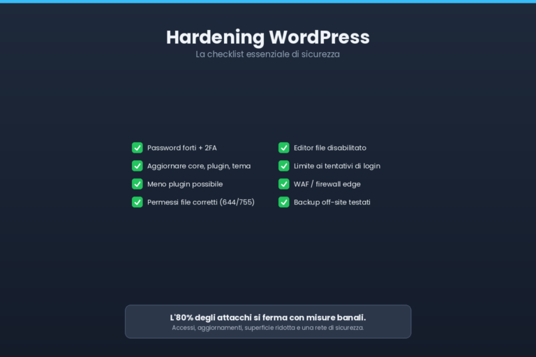 Checklist di hardening WordPress: accessi, aggiornamenti, permessi e backup